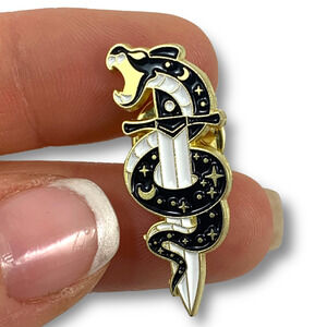 Gold enamel galaxy hissing snake on a sword pin